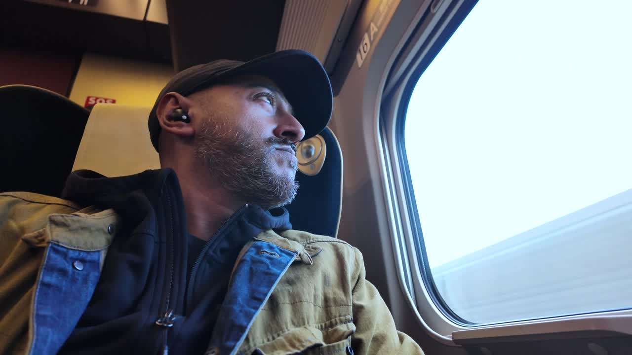 South asian man wearing earbuds and looking out train window during solo travel, expressing pensive mood.