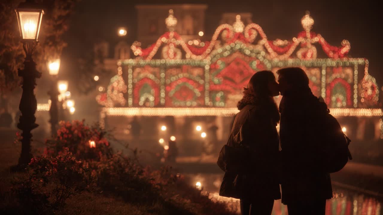 A Romantic Evening Embraced by Glowing Lights: A Couple Kisses in a Magical, Illuminated Setting Captured Under a Starry Night Sky