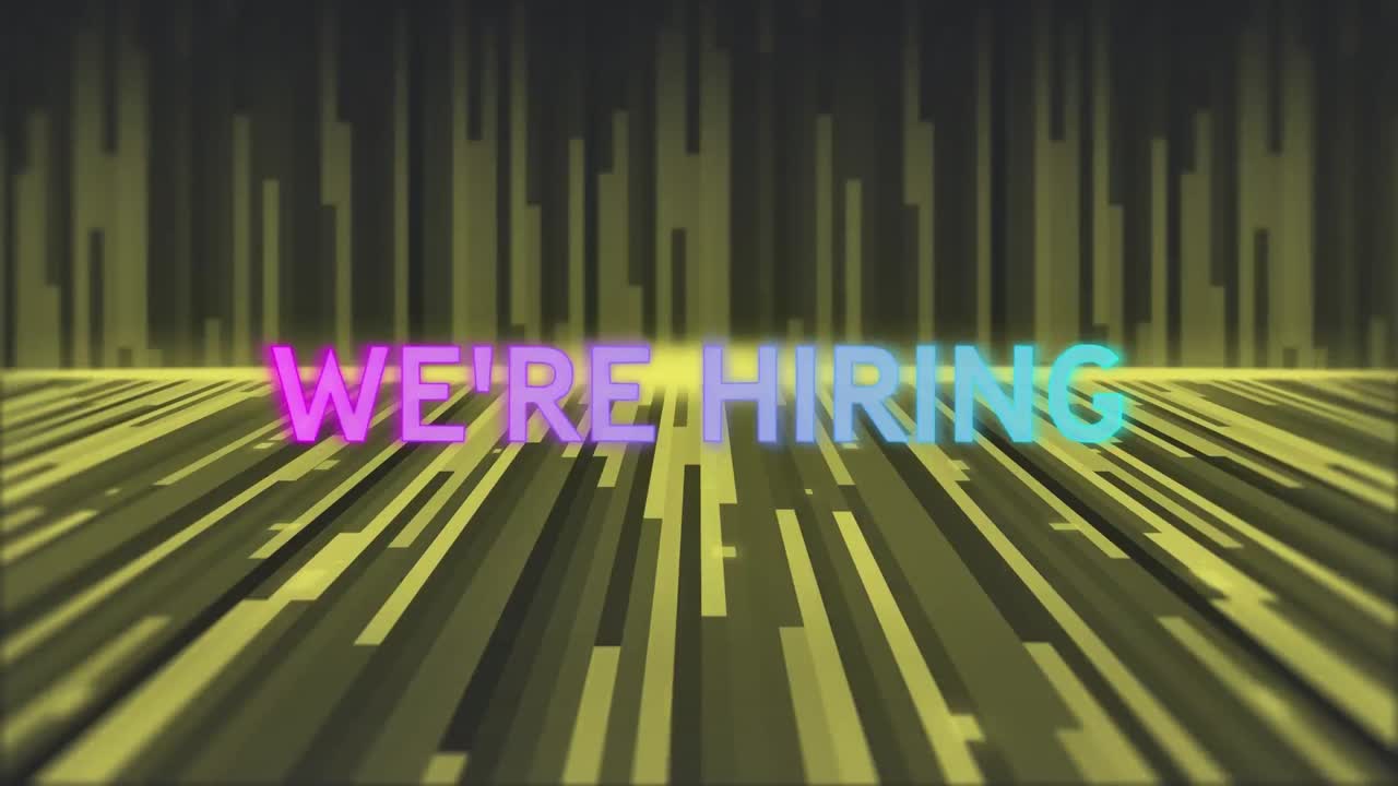 Animation of we're hiring text over yellow lines on black background