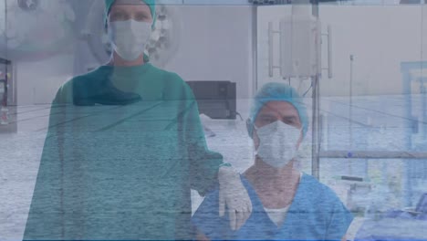 animación de un médico con máscaras faciales sobre la gente en la calle.