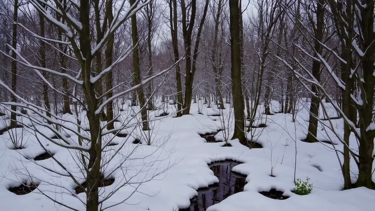 Snow-Covered Winter Forest with Melting Puddles