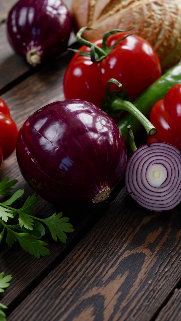 A close-up, top-down view of fresh vegetables on a rustic wooden table, ideal for a cooking video