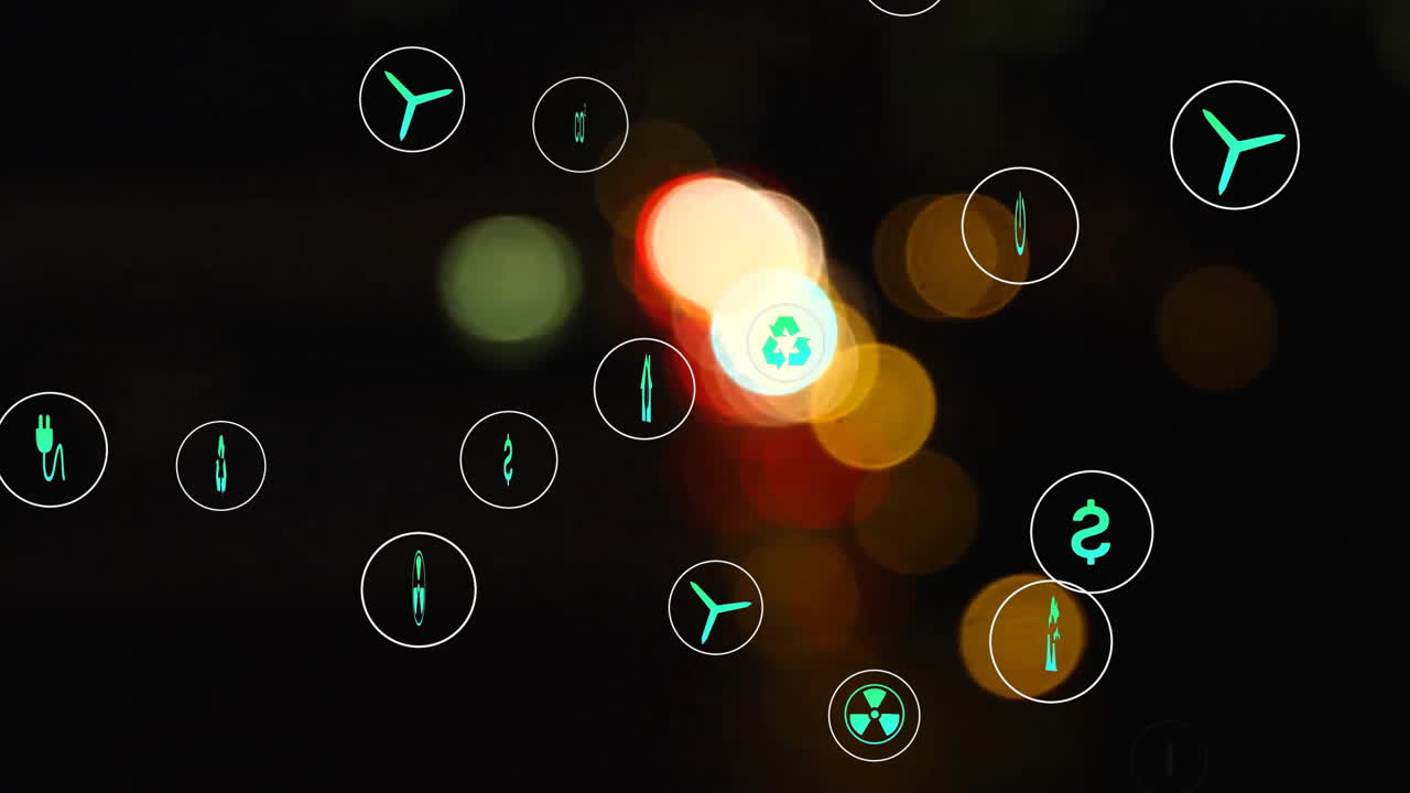 초록색 아이콘의 애니메이션과 데이터 처리가 초점 밖의 도시 조명