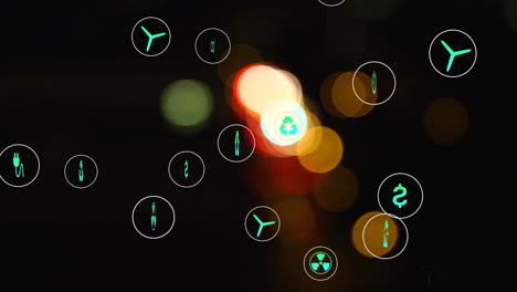 animación de iconos eco y procesamiento de datos sobre luces de la ciudad fuera de enfoque