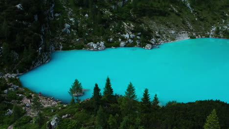 lago di sorapis, dolomites in italy. aerial view