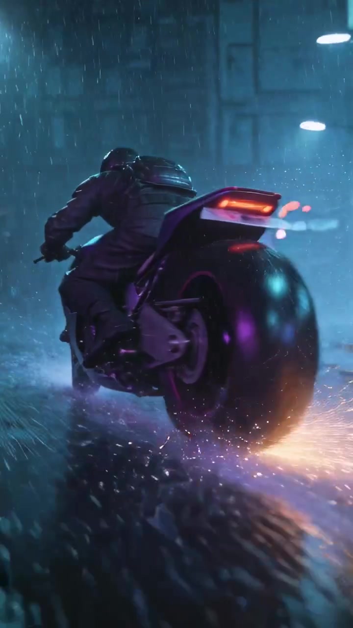 Video verticale: Motociclista in armatura con casco che sfreccia, facendo scintille dal pneumatico posteriore su una strada bagnata al neon.