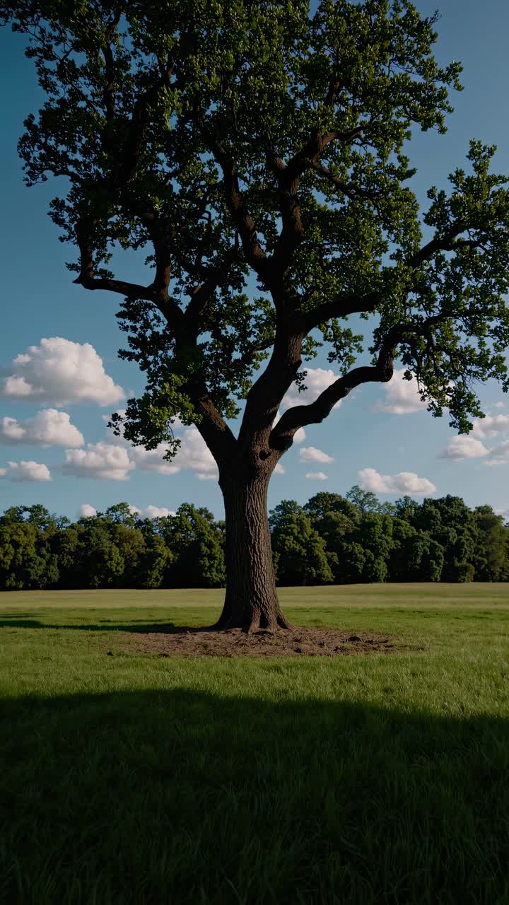 A majestic tree stands alone in a field, captured from a low-angle shot