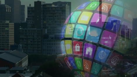 animation of digital app icons forming globe over cityscape at dusk