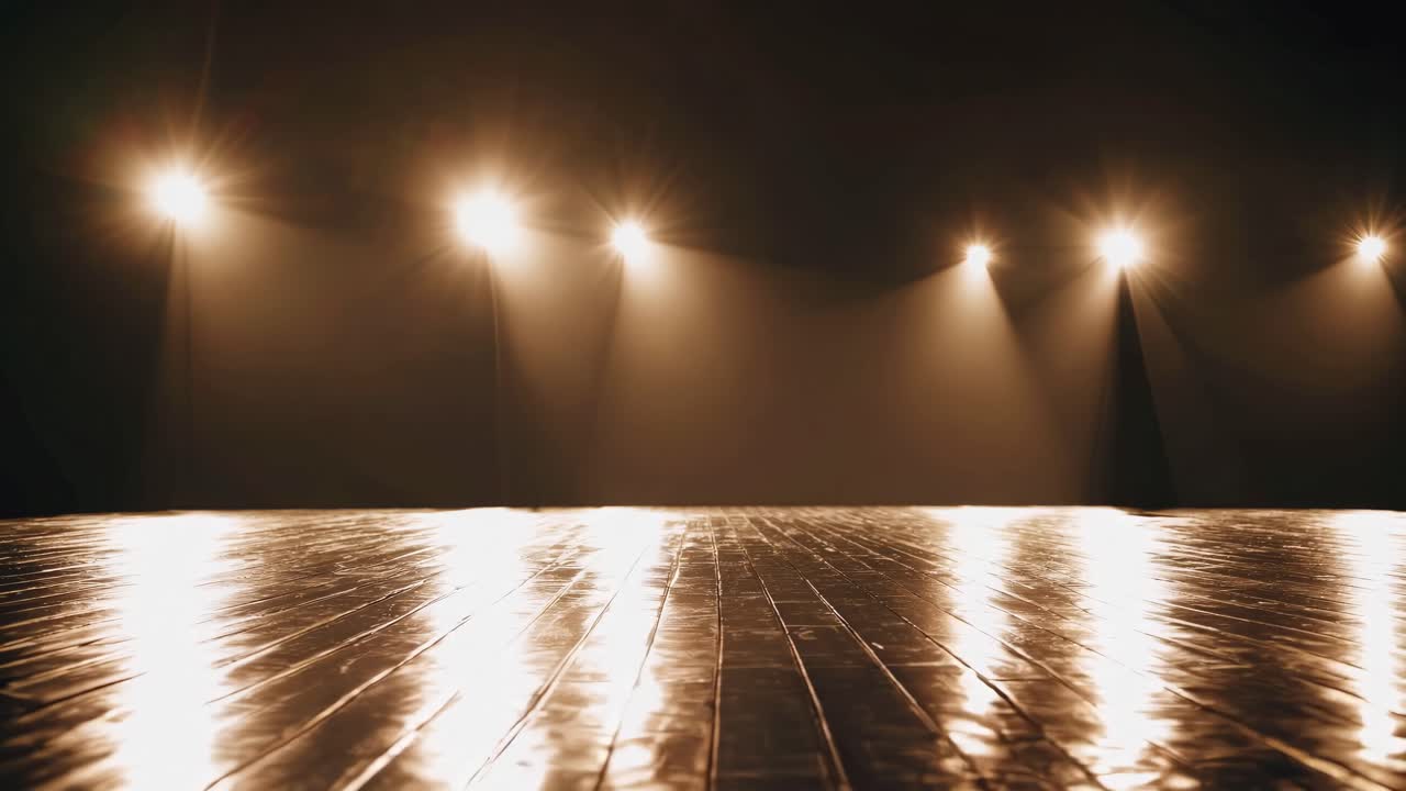 Low-angle shot of a dimly lit stage with wooden flooring and spotlights, creating a dramatic