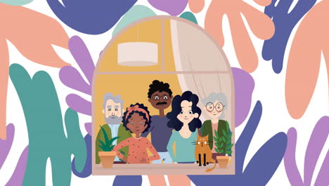 animación de ilustración de una familia biracial feliz de varias generaciones en el hogar, con formas de hojas