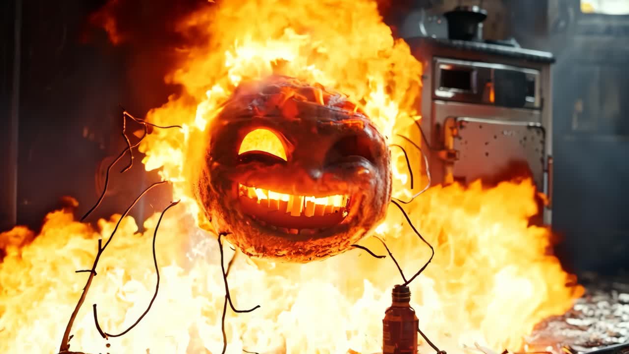 A cartoonish character with a big smile is sitting on a fire. The fire is orange and the character is surrounded by smoke. Scene is playful and lighthearted