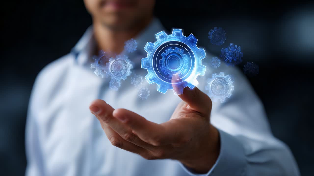 A man holds a glowing, futuristic gear icon in his hand, symbolizing technology and innovation, surrounded by a swirling light, showcasing a dynamic blend of creativity and engineering prowess