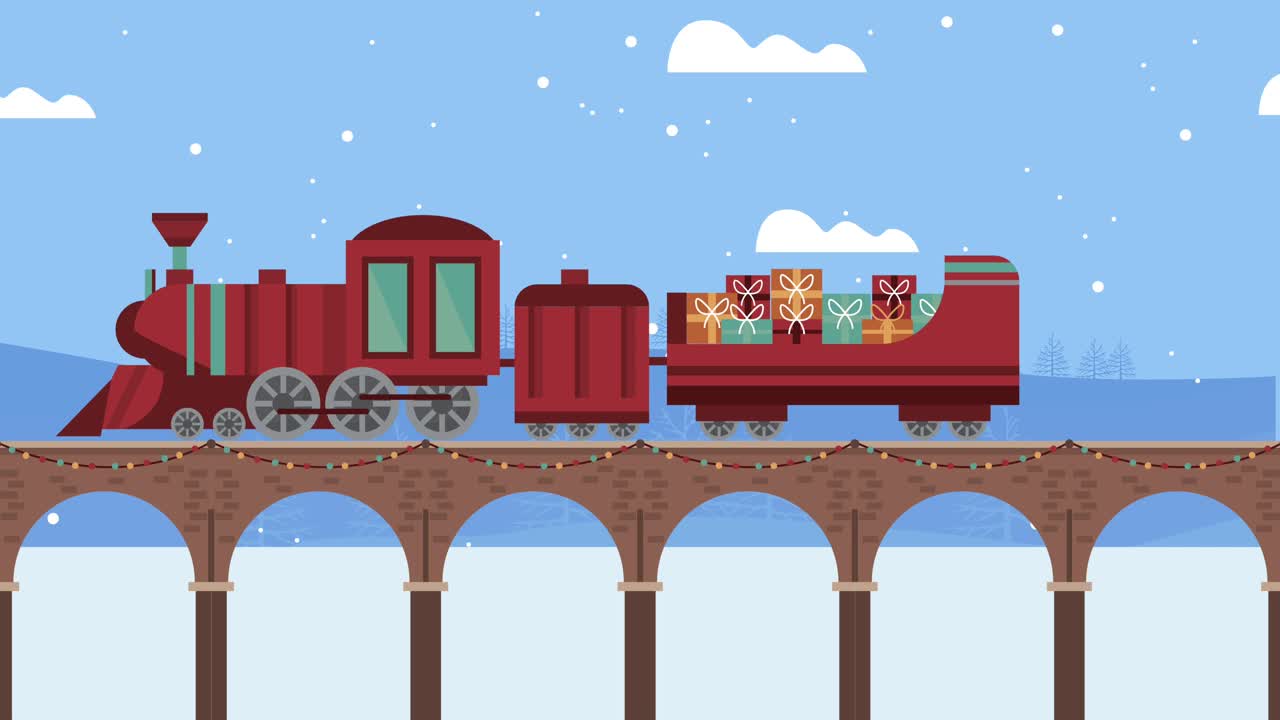 happy merry christmas animation with train in bridge