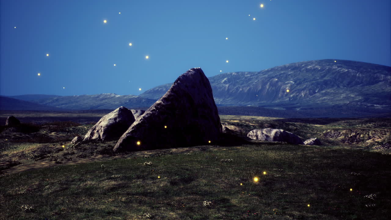 멀리 떨어진 풍경에서 별이 빛나는 하늘에 의해 조명 된 거대한 바위 형성