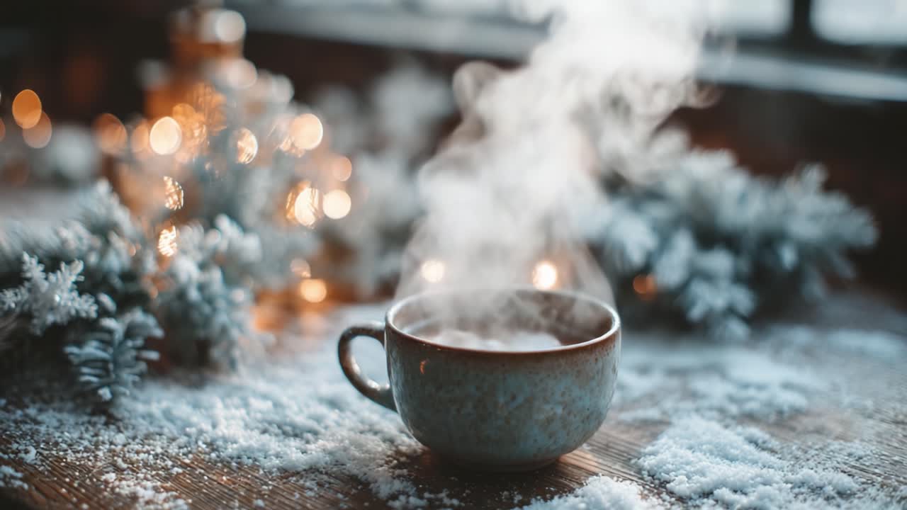 A Warm Cup of Coffee or Tea Surrounded by Cozy Winter Decor and Sparkling Lights, Evoking a Sense of Comfort and Peace during the Cold Season