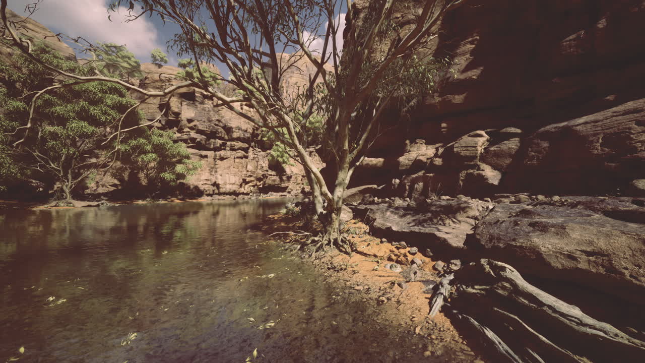 Serene oasis surrounded by ancient rock formations in natures embrace