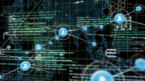 animación de la red de iconos digitales y procesamiento de datos sobre el mapa del mundo contra un fondo negro.