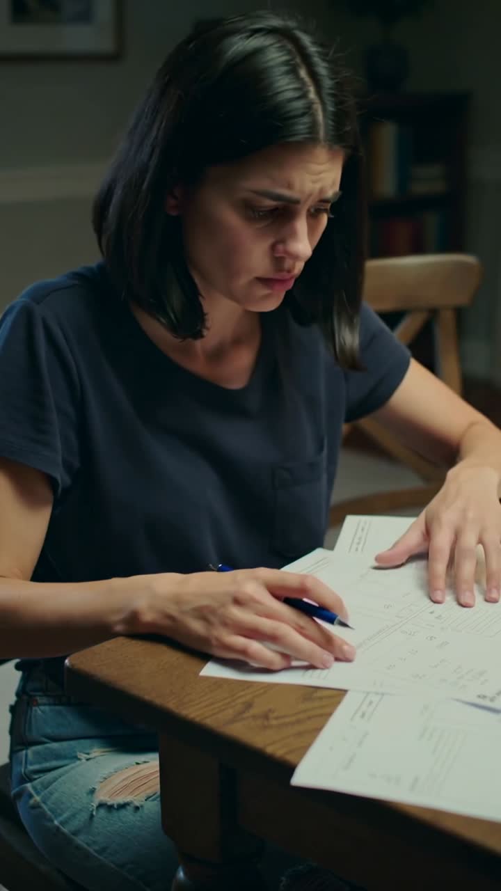 Vertical video: Writing woman in navy top, ripped jeans sorting forms at home table using blue pen