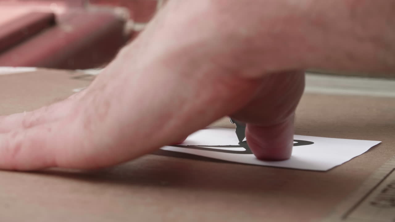 면도날로 종이에서 스텐실을 자르는 손, 클로즈업