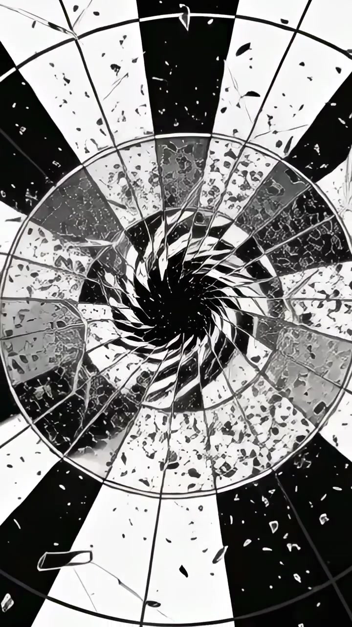 Vertical video: Forming vortex causing spiral target cracking in studio, showing ring grid foil