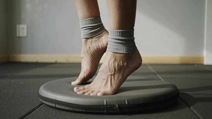 Doing heel rises from heels lowered, calves toning on balance cushion in gym, wearing gray socks
