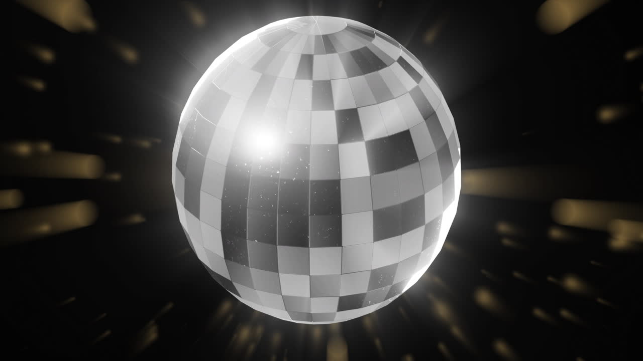 Animation of glowing lights and disco mirror ball spinning on black background