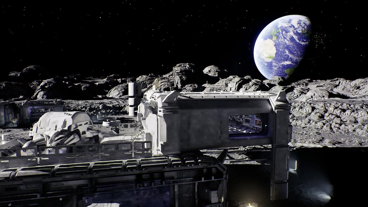 Construction activity on lunar surface with robotic machinery and scaffolds