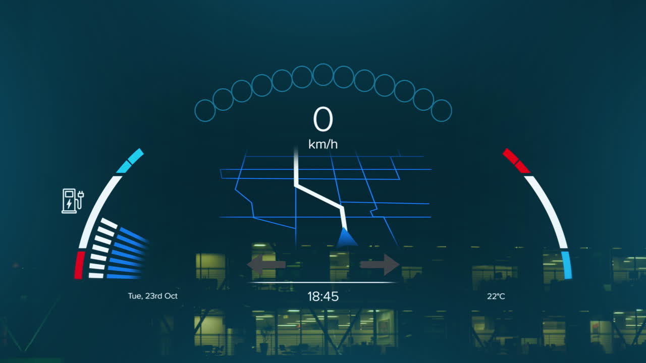 도시를 가로지르는 전기 자동차 속도계 데이터 처리 애니메이션