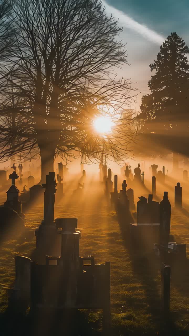 Vertical video: Rising sun casting glowing rays through bare tree at cemetery, mist illuminating