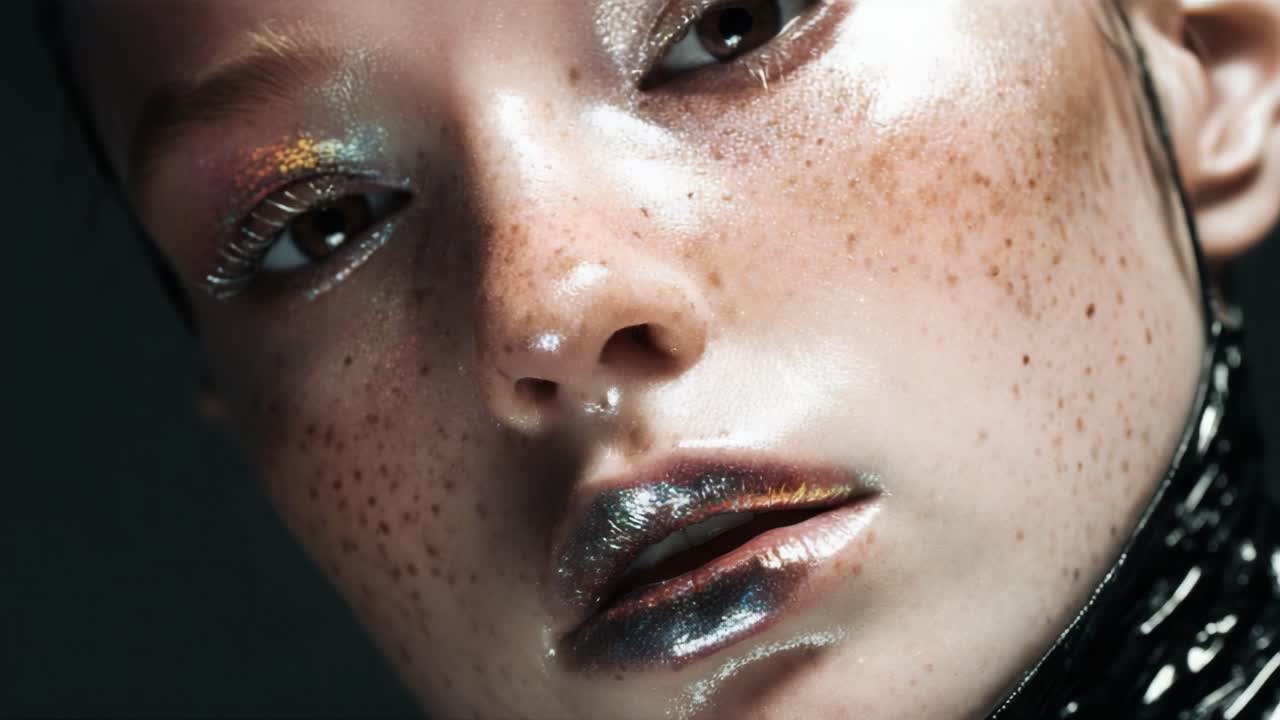 Young woman with creative makeup and freckles looking at camera in a dark studio setting. Her wet skin, metallic lipstick, and glitter eyeshadow highlight a high fashion, futuristic look