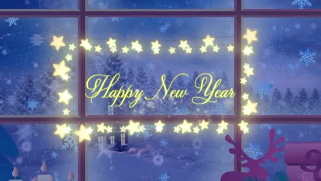 Animation-of-happy-new-year-text-with-fairy-lights-over-window-and-winter-landscape