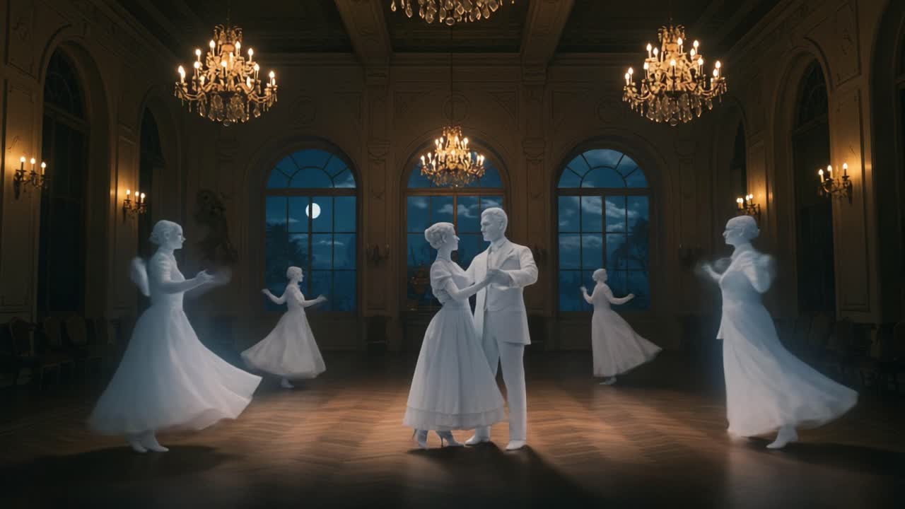 A Dreamlike Dance: Ethereal Figures Twirl in an Enchanting Ballroom Under Moonlit Chandeliers, Capturing the Magic of a Timeless Waltz
