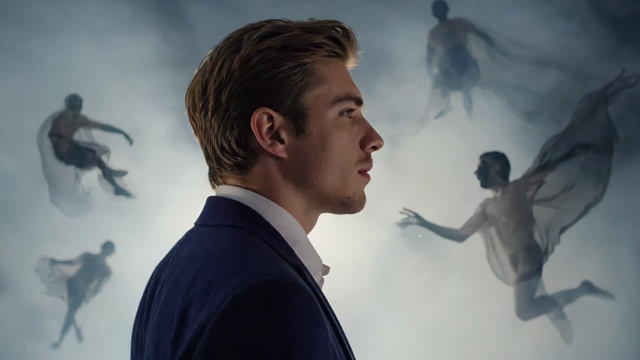 Man in Suit with Ethereal Figures