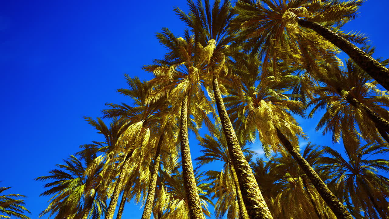 Palm trees reach toward a clear blue sky in a sunny tropical landscape