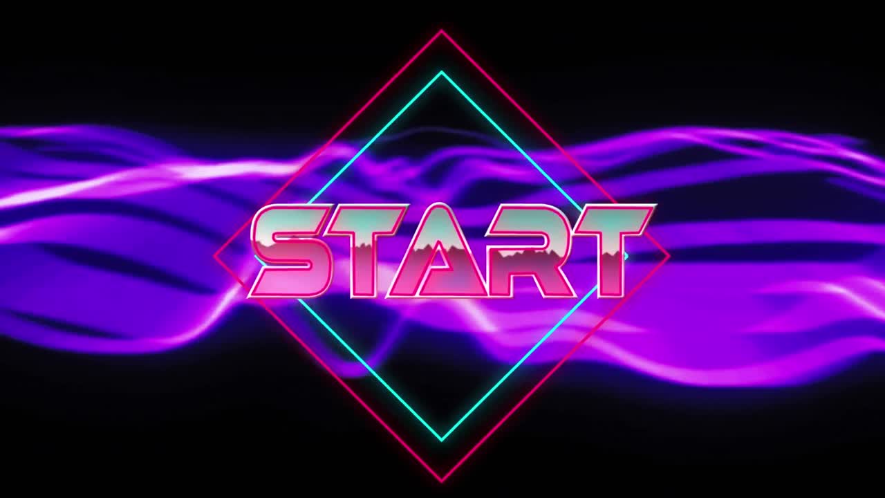 Digital animation of start text against purple digital waves moving on black background