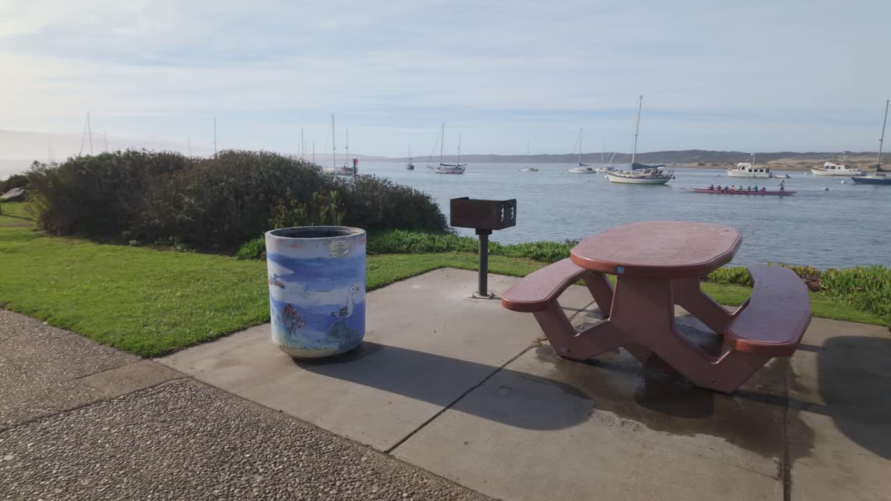 Gimbal wide panning shot of a picnic area with barbeques at Tidelands Park in Morro Bay, California. 4K