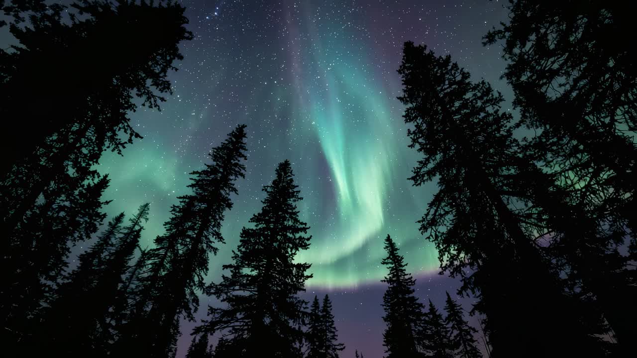 Flowing northern lights rippling above conifer trees under starry sky, being driven by solar wind