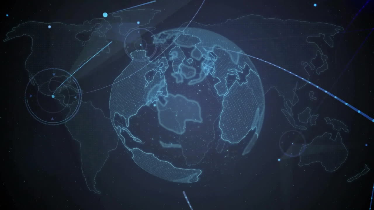 데이터 포인트가 있는 애니메이션 디지털 세계 지도와 지구