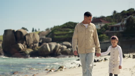 beach, walking and happy dad holding hands