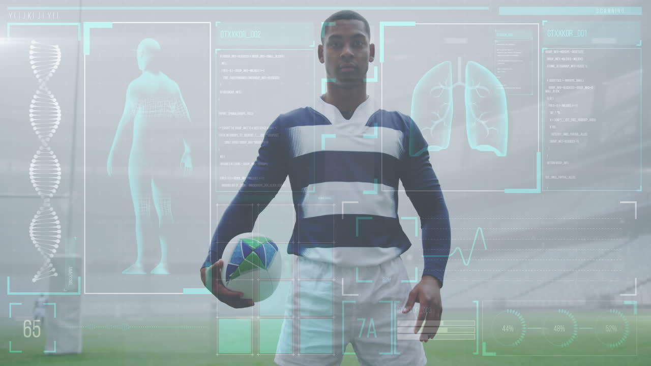 Animation of digital interface with medical data processing over rugby players
