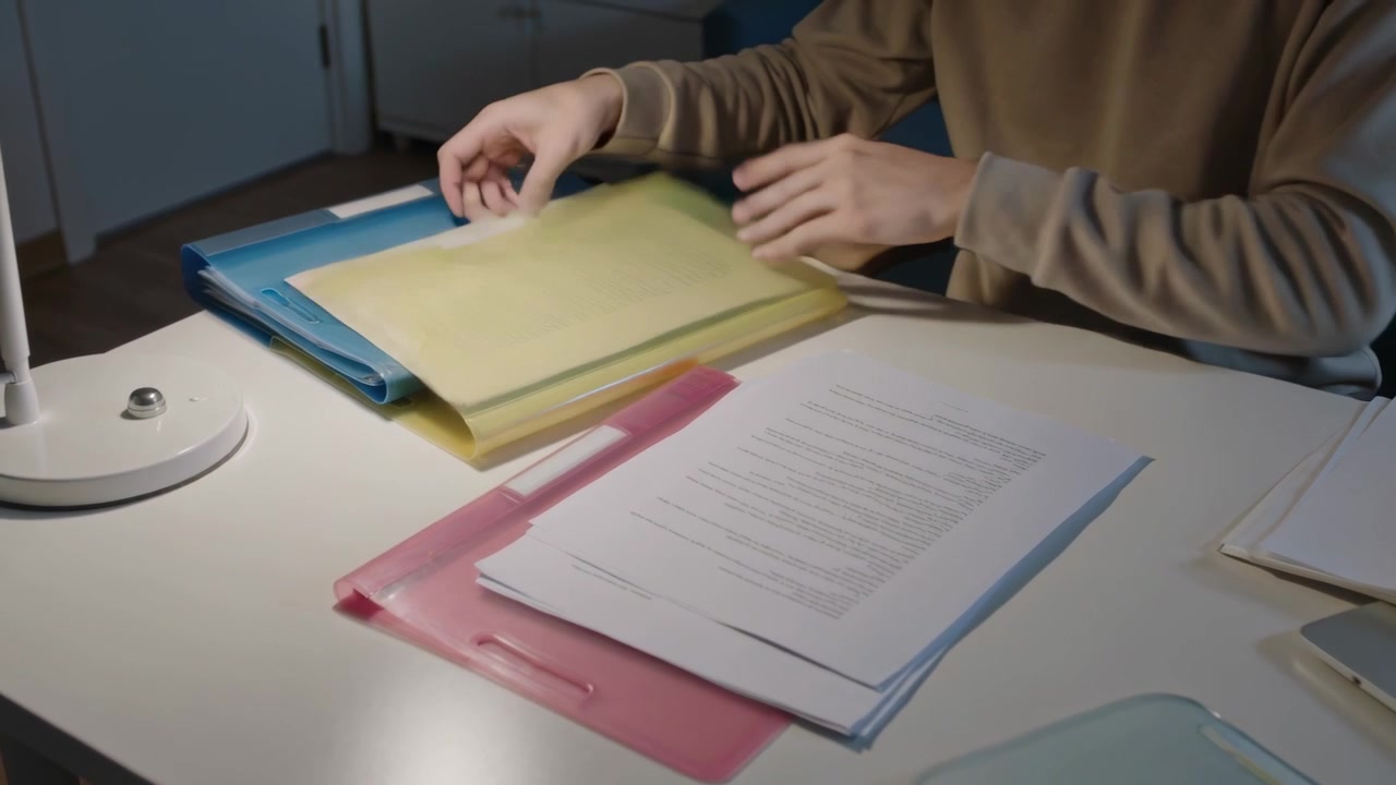 Starting after sitting person in beige top filing papers at home desk into colored folders