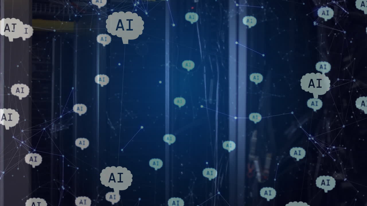 Animation of ai brains and communication networks over dark computer server room