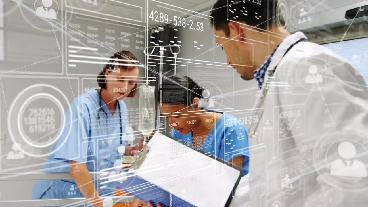 Animation of network of connections with icons and data processing over diverse doctors and patient