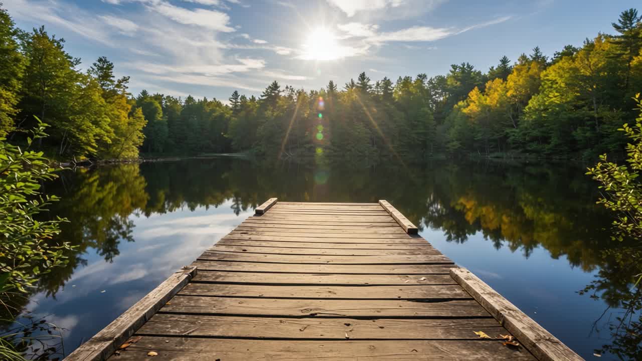 A Tranquil Lakeside Scene at Dawn with a Glimmering Reflection and Lush Greenery Surrounding a Serene Wooden Dock
