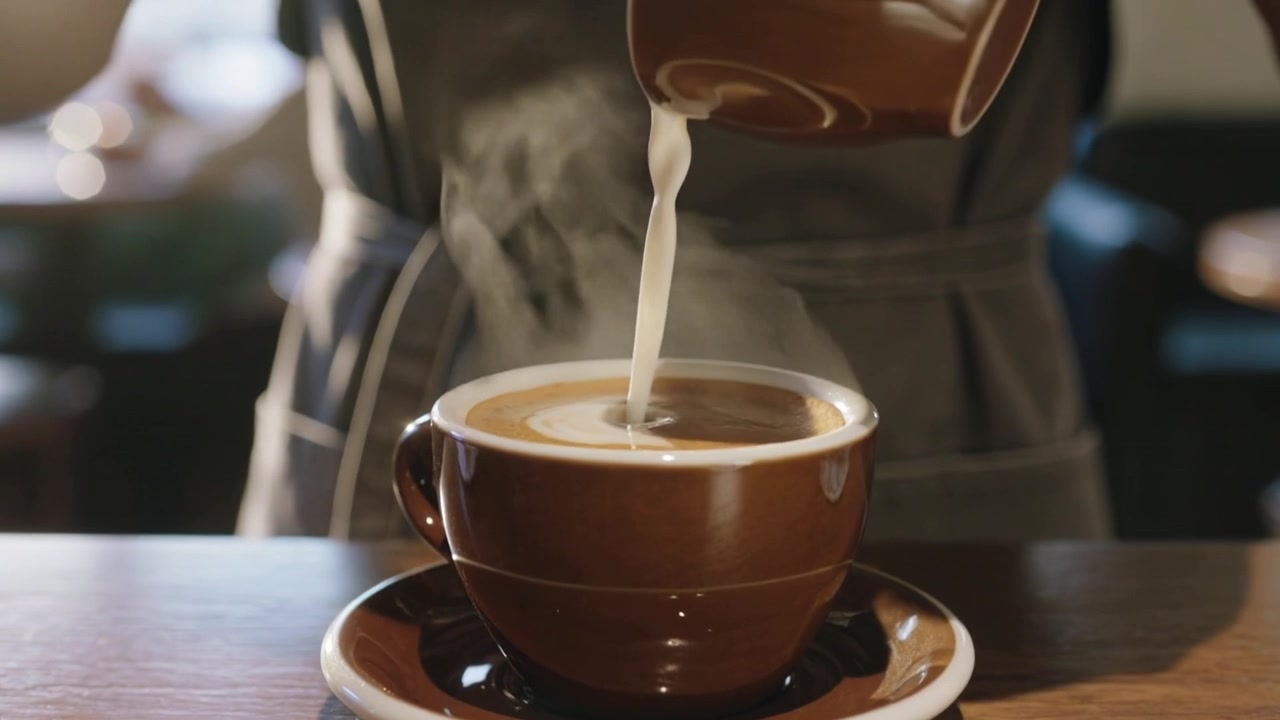 Barista i forklæde hælder mælk fra en brun kande ned i en kop på disken og former latte-kunst.