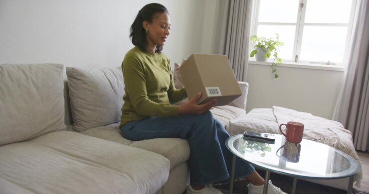 African American woman examining barcode, readying box to open on couch, copy space