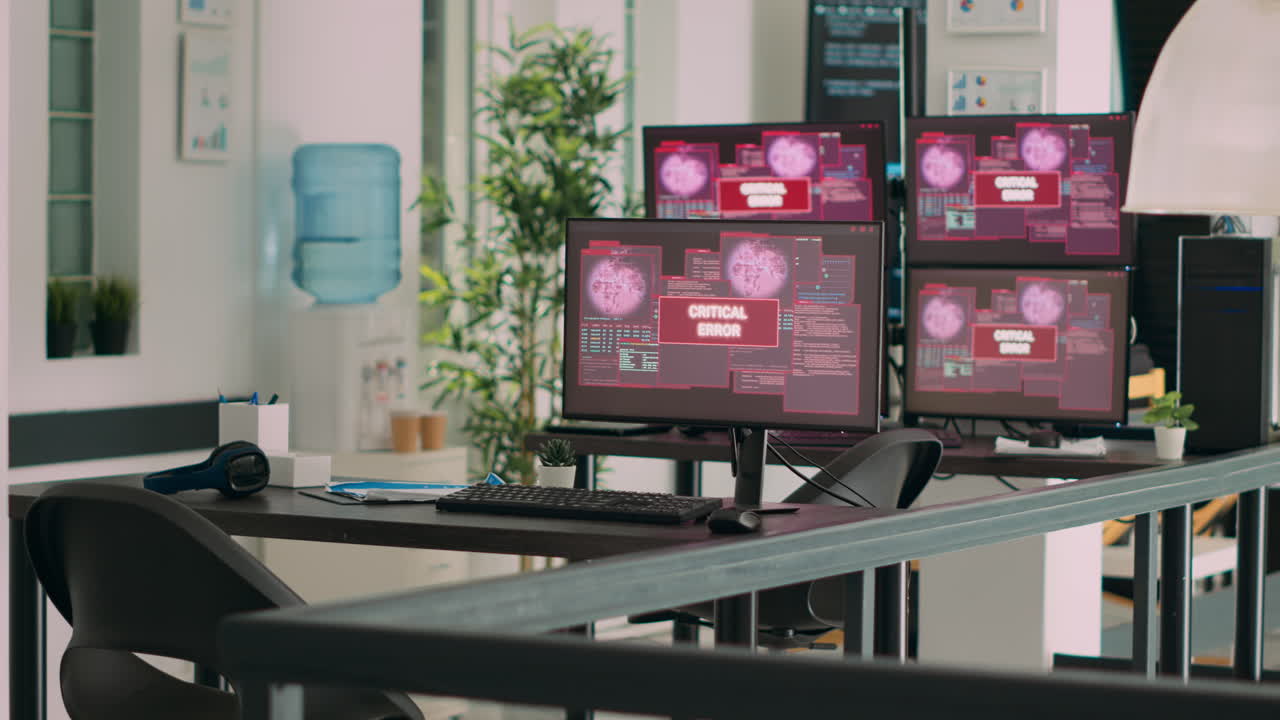 Empty agency office with multiple monitors showing system crash warning