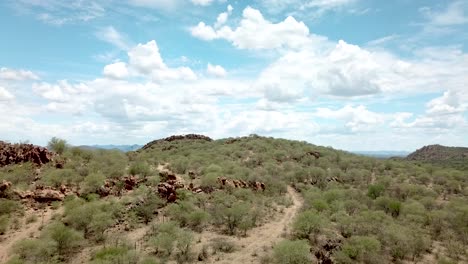 Forward-moving-drone-shot-on-a-mountain-on-a-dry-game-farm-during-drought-near-Okahandja,-Namibia