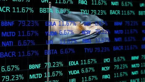 animation of stock market data processing over waving argentina flag against black background