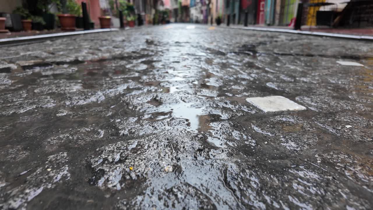 Rainy City Street with Puddles